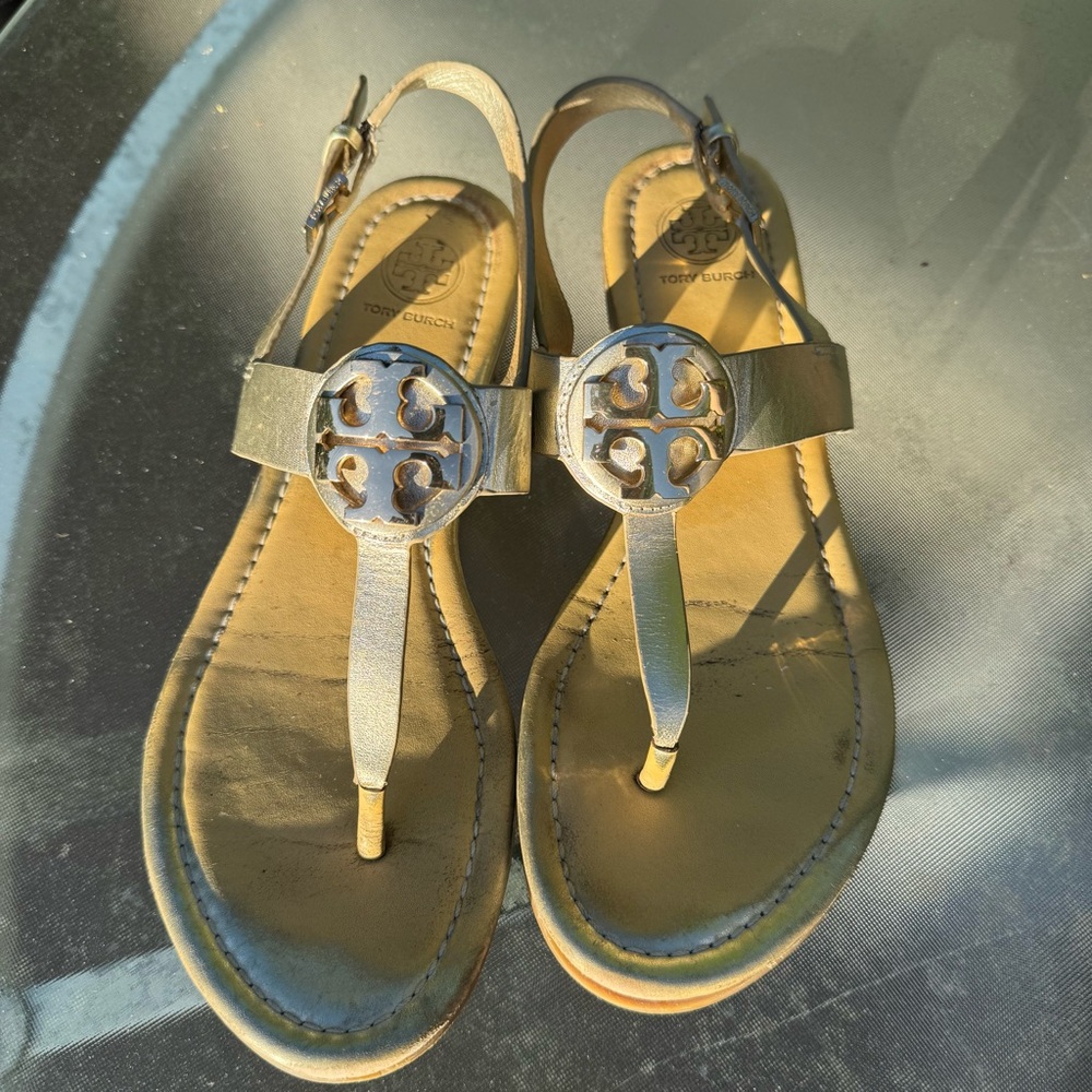 Tory Burch Gold Leather Logo T-Strap Sandals